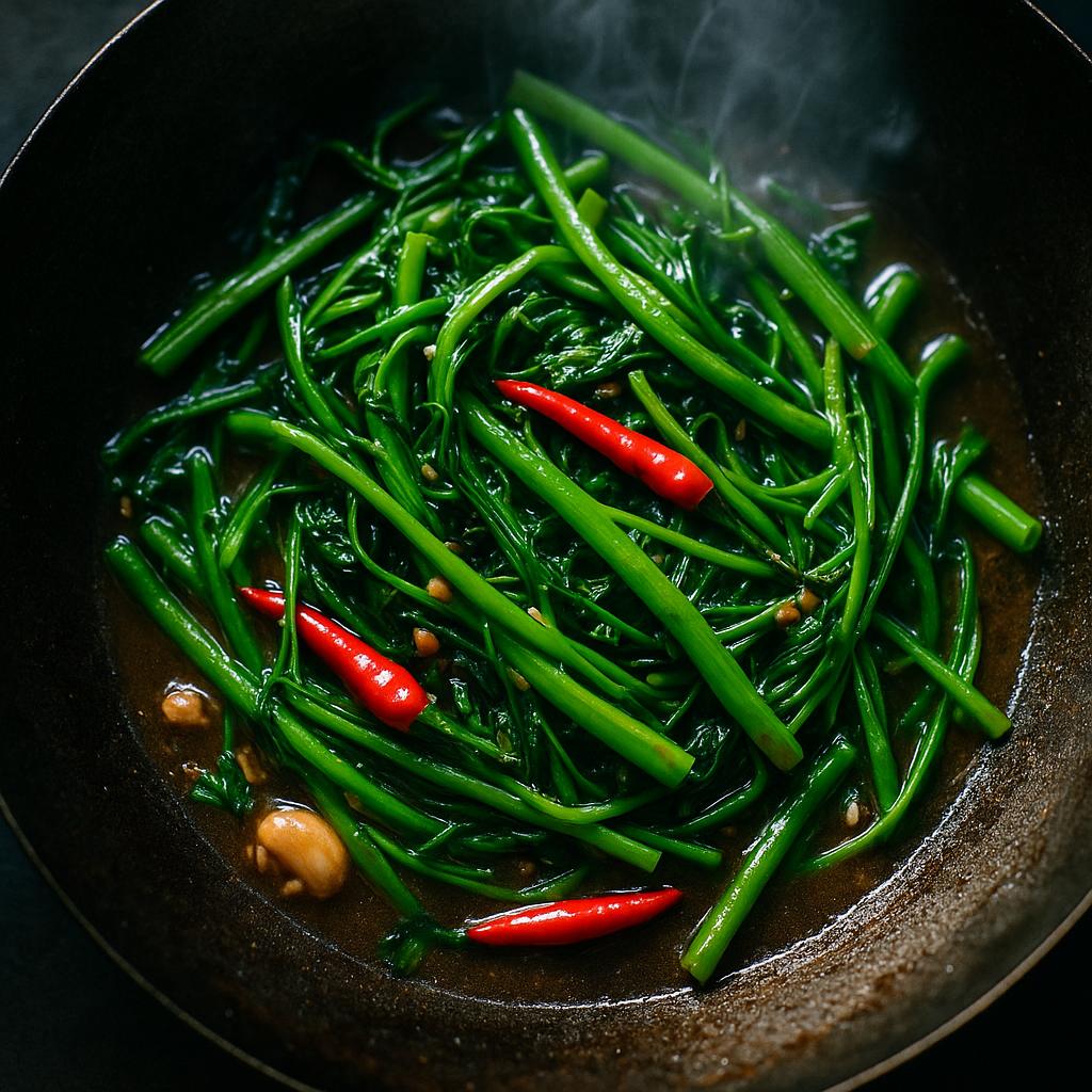 Pad Pak Boong Fai Daeng – Thai Wasserspinat aus dem Wok: knoblauchig, scharf, in 10 Minuten