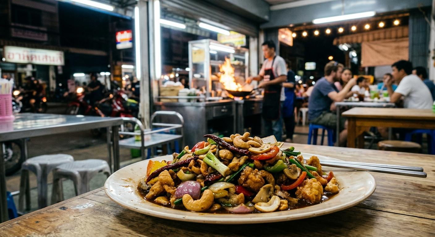 Thai Cashew Chicken selber machen: Knuspriges Gai Pad Med Mamuang mit Paprika, Frühlingszwiebeln und gerösteten Cashews